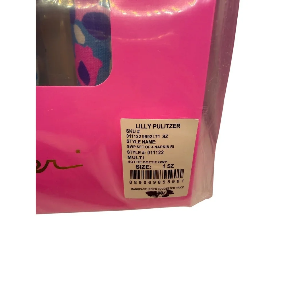 Lilly Pulitzer Hottie Dottie GWP Set of‎ 4 Napkins and Gold Bamboo Napkin Rings
